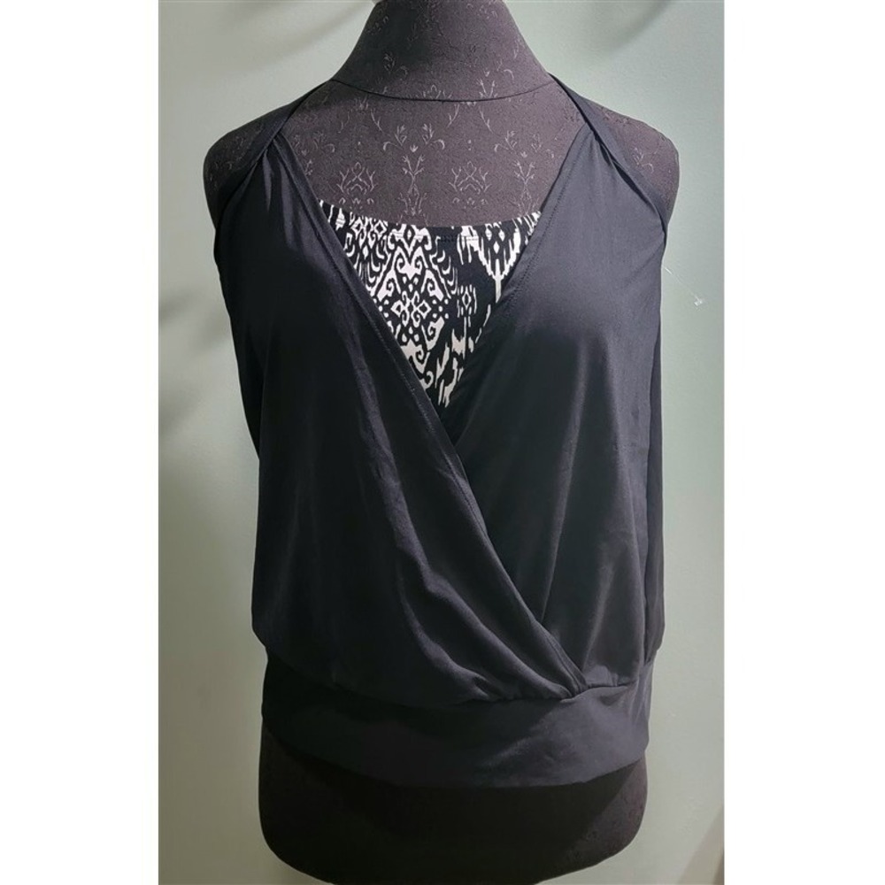 New Next Athena M Crisscross Double Up Tankini Halter Top Black Wht Ikat #109822